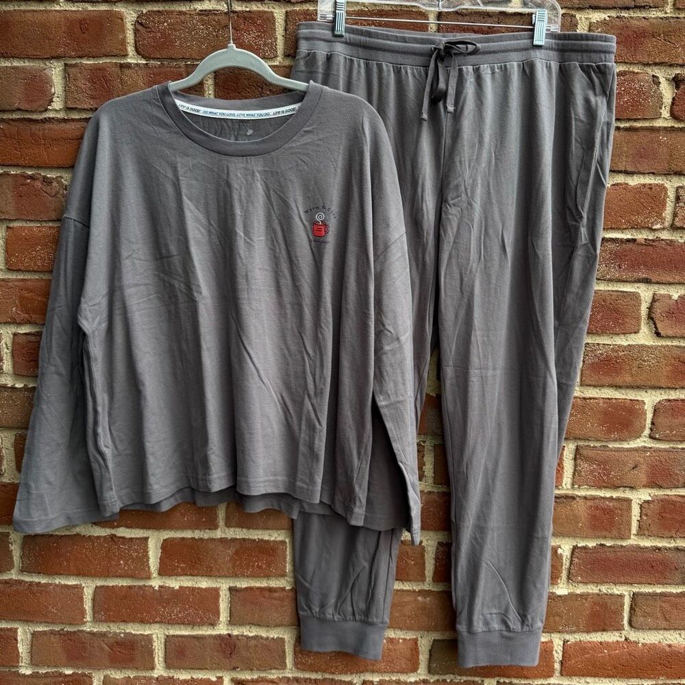 Life Is Good Long Sleeve Coffee Mug Print Tee And Jogger lounge Set Gray XL NWOT